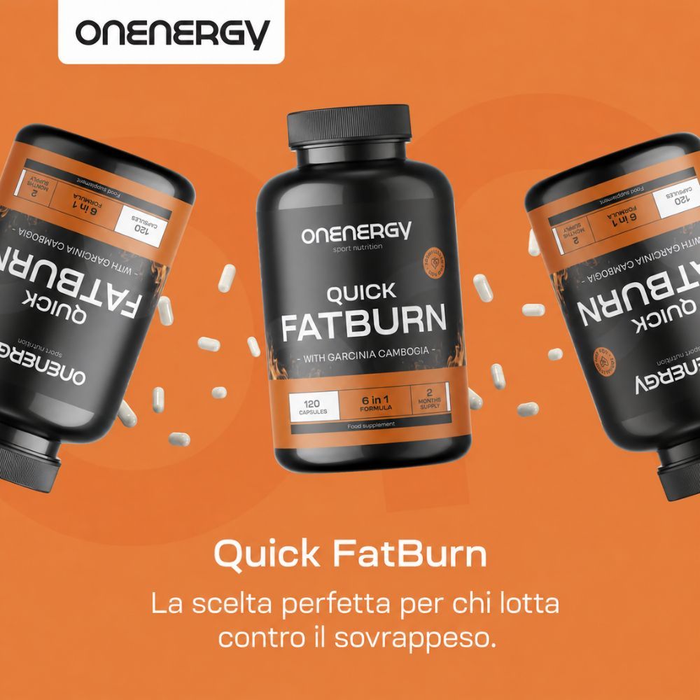 Tre barattoli Onenergy Quick FatBurn con capsule sparse.