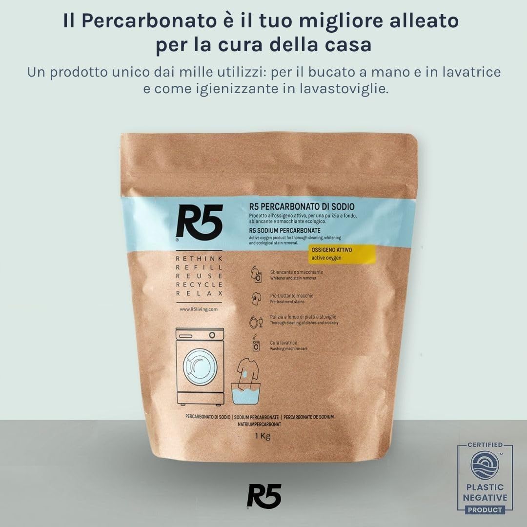 R5 Percarbonato di Sodio Polvere 1 kg, Sbiancante, Smacchiante, Ecologico, Inodore