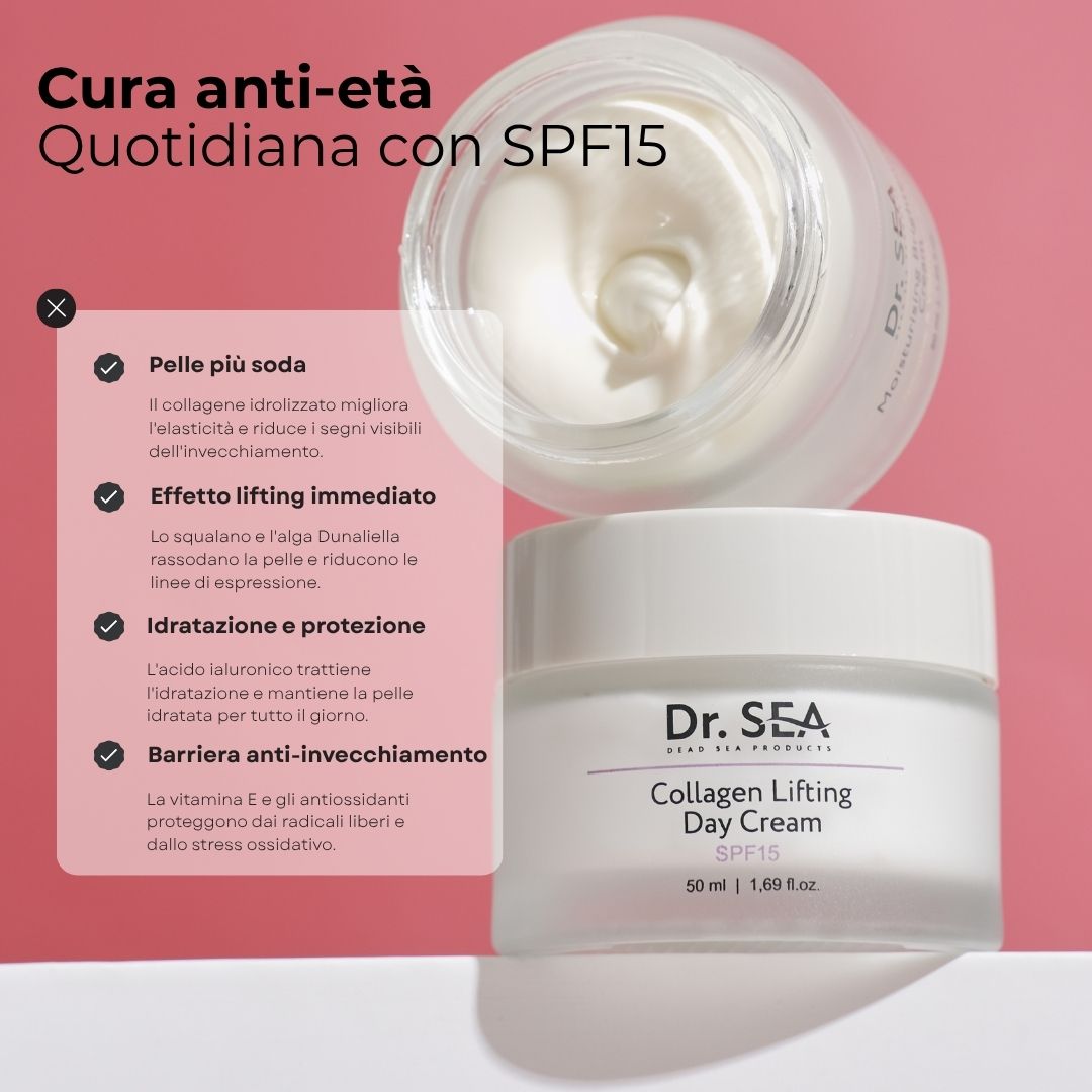 Vaso di crema e vaso aperto. Testo: Cura anti-età quotidiana con SPF15. Nome prodotto: Collagen Lifting Day Cream.