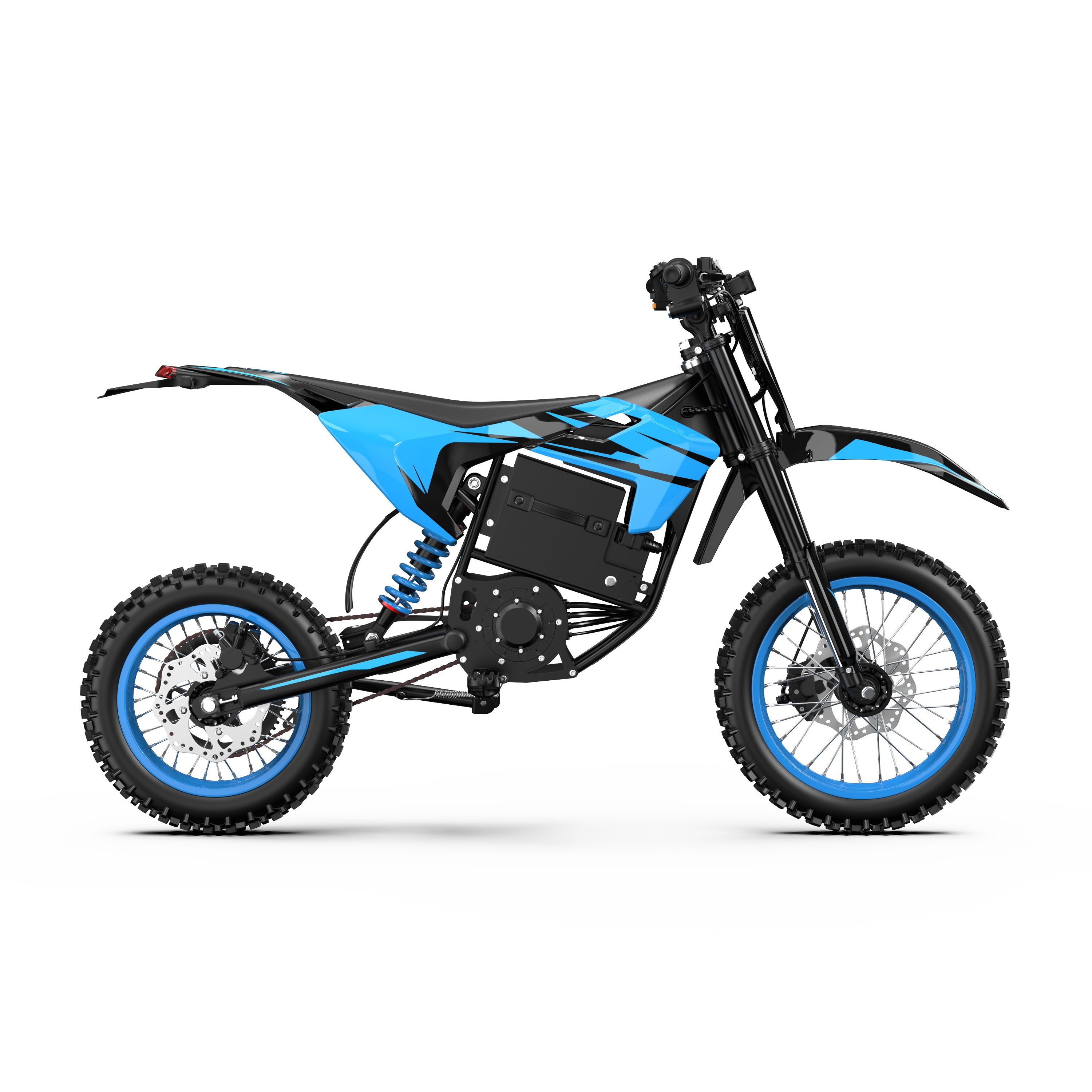Moto cross elettrica nera e blu. Cerchi blu, pneumatici neri. Marchio "ZAWES" visibile.