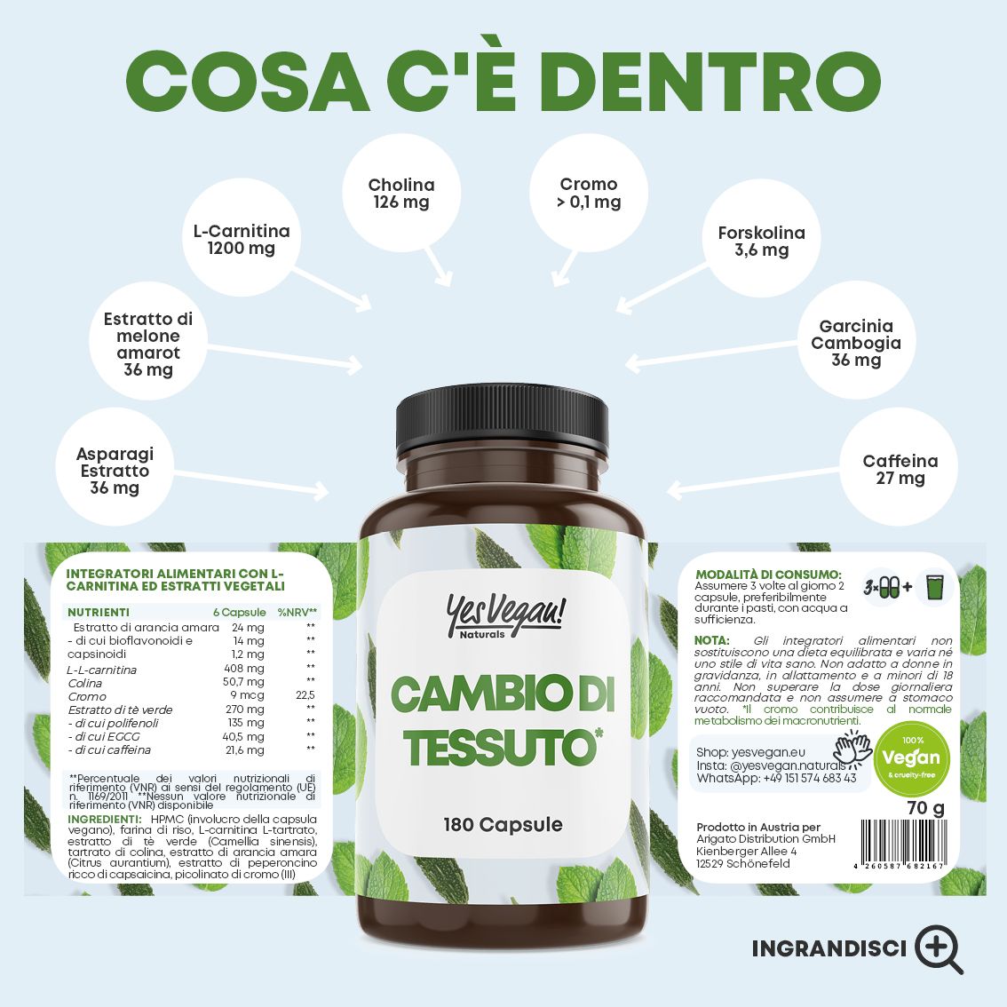 Flacone da 180 capsule. Panoramica degli ingredienti e istruzioni per l'uso.