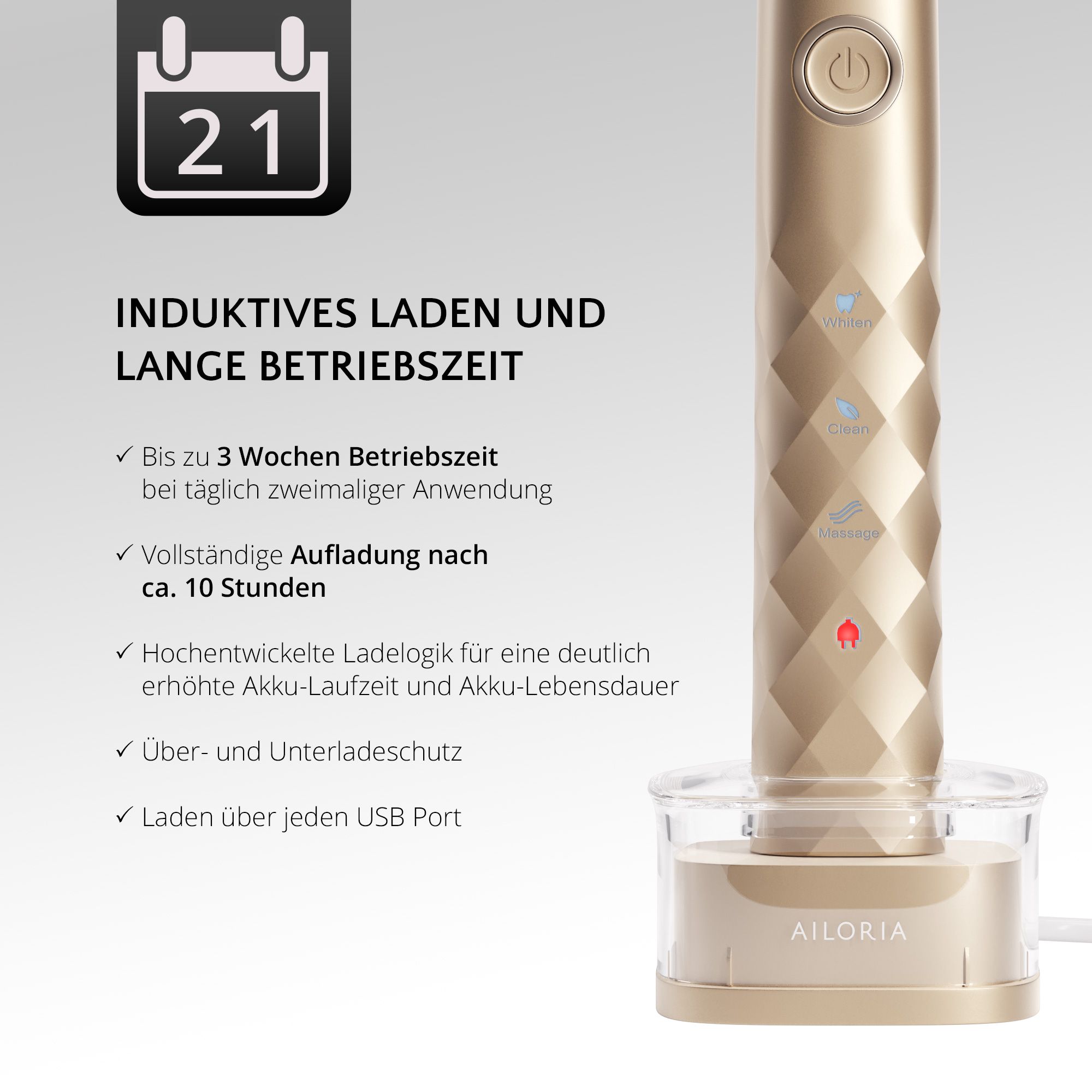 Spazzolino dorato su base di ricarica. Testo: Ricarica a induzione e lunga durata. Indicatore di carica.