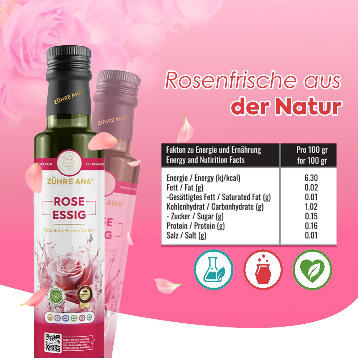Bottiglia di aceto di rosa Zühre Ana con informazioni nutrizionali. Bottiglia di vetro verde scuro con tappo nero.