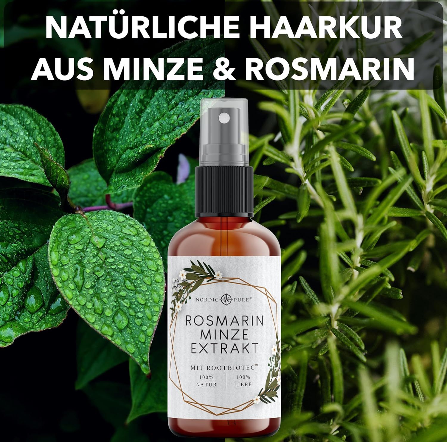 Flacone spray marrone con etichetta. Testo: Cura naturale dei capelli alla menta e rosmarino. Foglie e rametti di rosmarino.