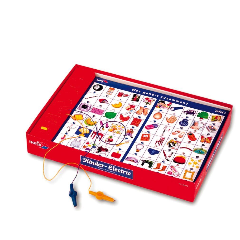 Gioco Kinder Electric. Scatola rossa con immagini colorate e due penne. Testo: Was gehört zusammen? Tafel 1 (Cosa va insieme? Tavola 1).