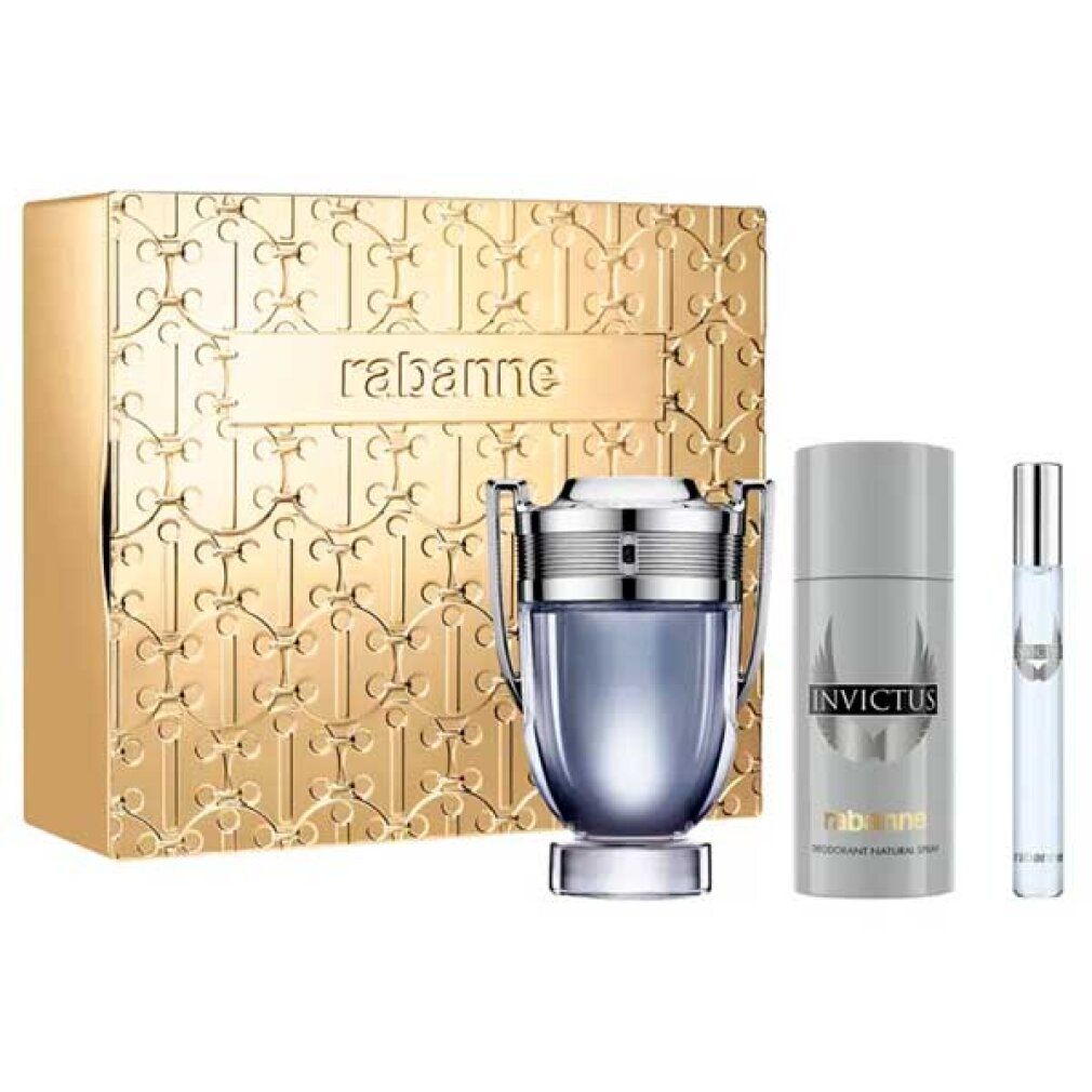 Set regalo con scatola dorata, flacone, deodorante e vaporizzatore. "rabanne" sulla scatola. "INVICTUS" sul deodorante.