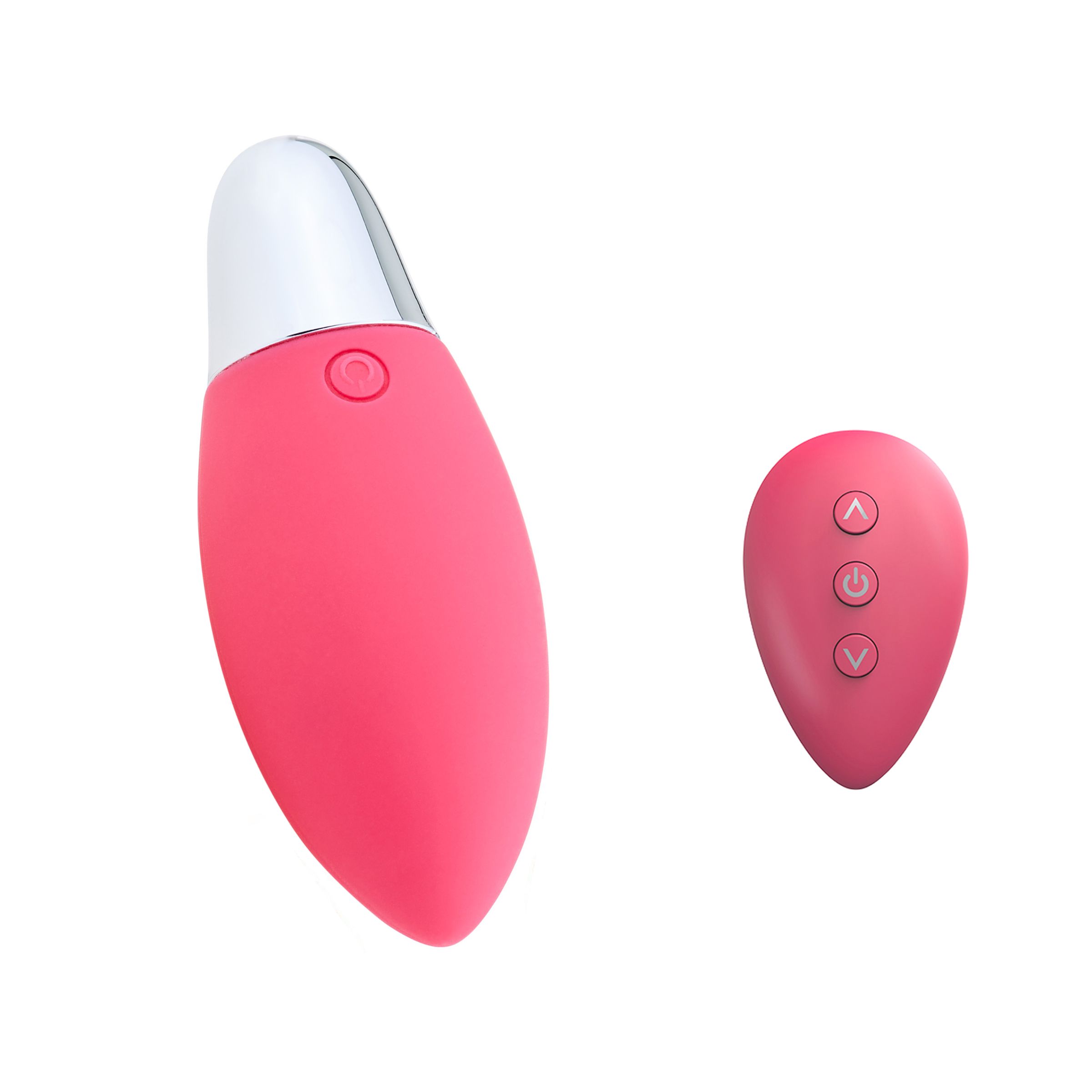 Vibratore rosa con testa bianca e telecomando. Telecomando con tre pulsanti. Su sfondo bianco.
