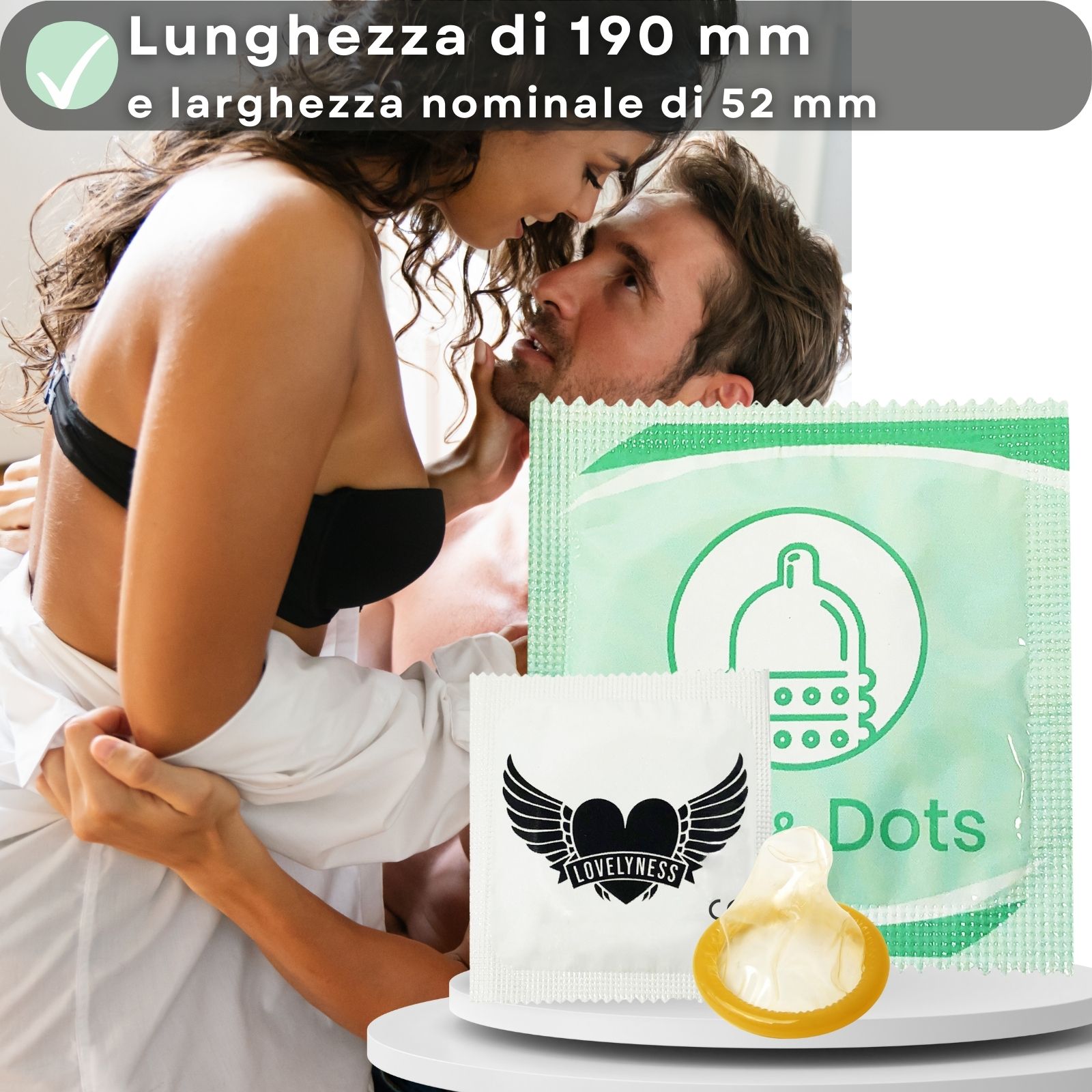 Preservativo con borchie e costole. Scritta: Ribs & Dots. Logo: cuore alato. Testo: Stimolante.