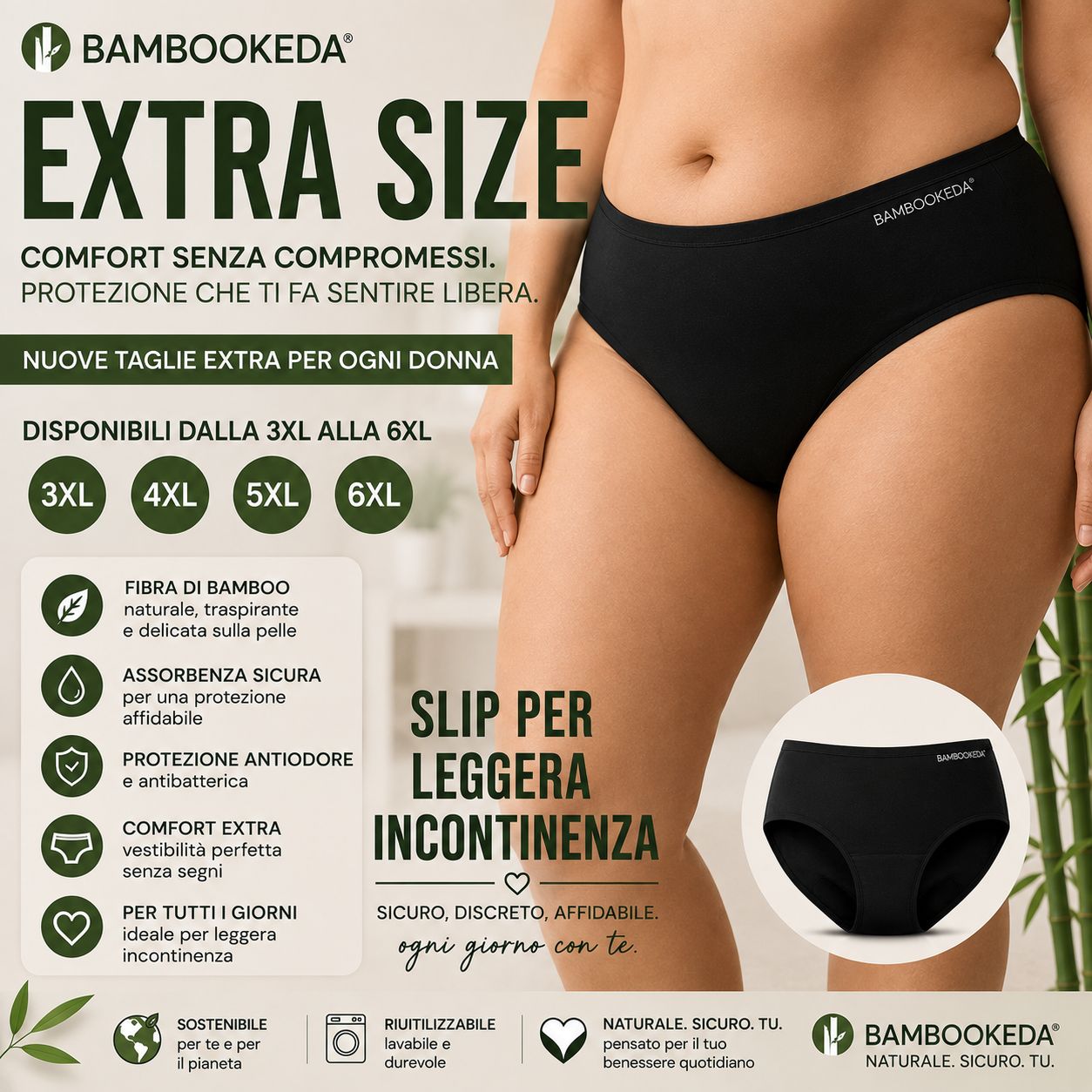 Immagine promozionale: donna con slip assorbenti Bambookeda neri per leggera incontinenza, taglie extra.