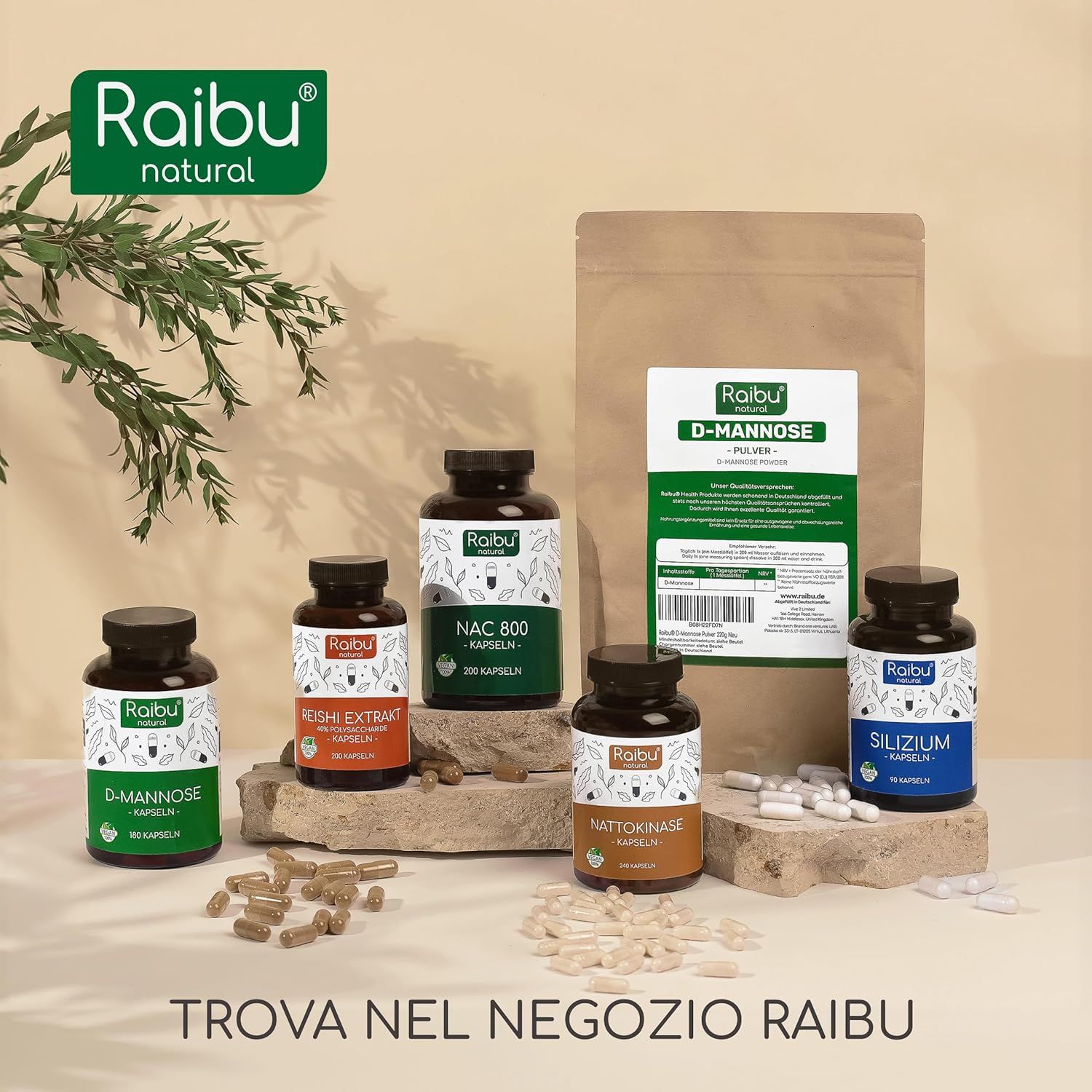 Diverse bottiglie e buste. Prodotti: D-Mannosio, NAC 600, Silicio, Nattokinase, Estratto di Reishi.