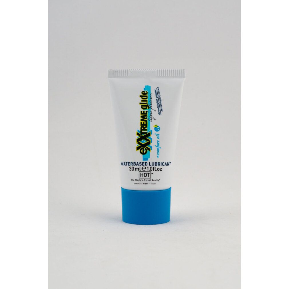 Tubo bianco e blu con nome del prodotto. Scritta: eXXtreme glide, waterbased lubricant, 30ml, HOT.