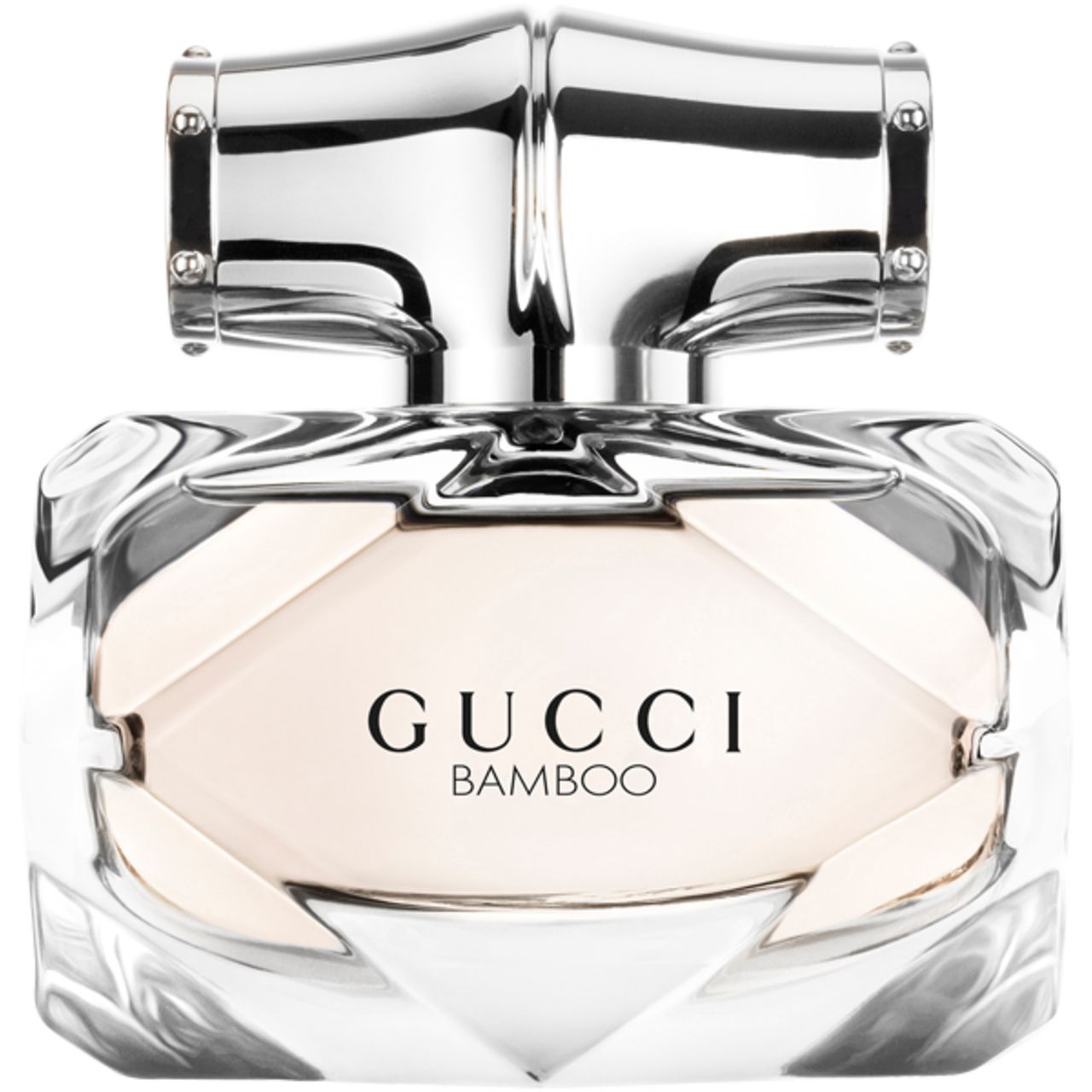 Flacone di profumo con tappo argentato. Scritta: GUCCI BAMBOO. Flacone in vetro trasparente con liquido rosa chiaro.