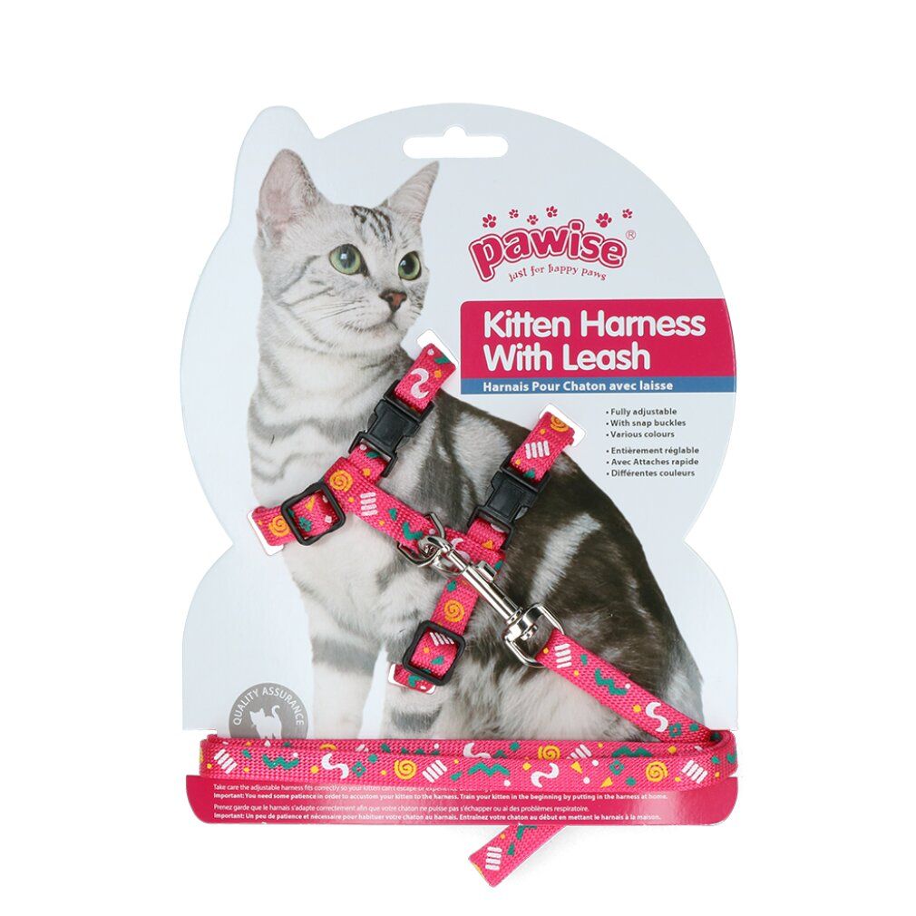 Imbracatura per gattini con guinzaglio, motivo rosa. Marchio Pawise. Confezione con gatto. Regolabile, fibbie.