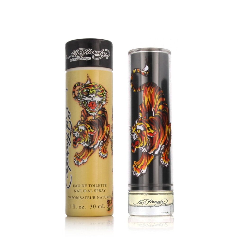Ed Hardy Eau de Toilette Spray. Flacone e confezione affiancati. Entrambi presentano design a tigre e scritta. Coperchio nero.