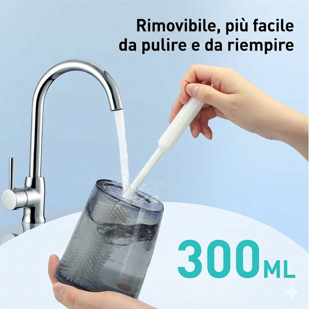 Il serbatoio dell'idropulsore viene pulito. Contenitore grigio con spazzola. Rubinetto sullo sfondo. 300 ml.