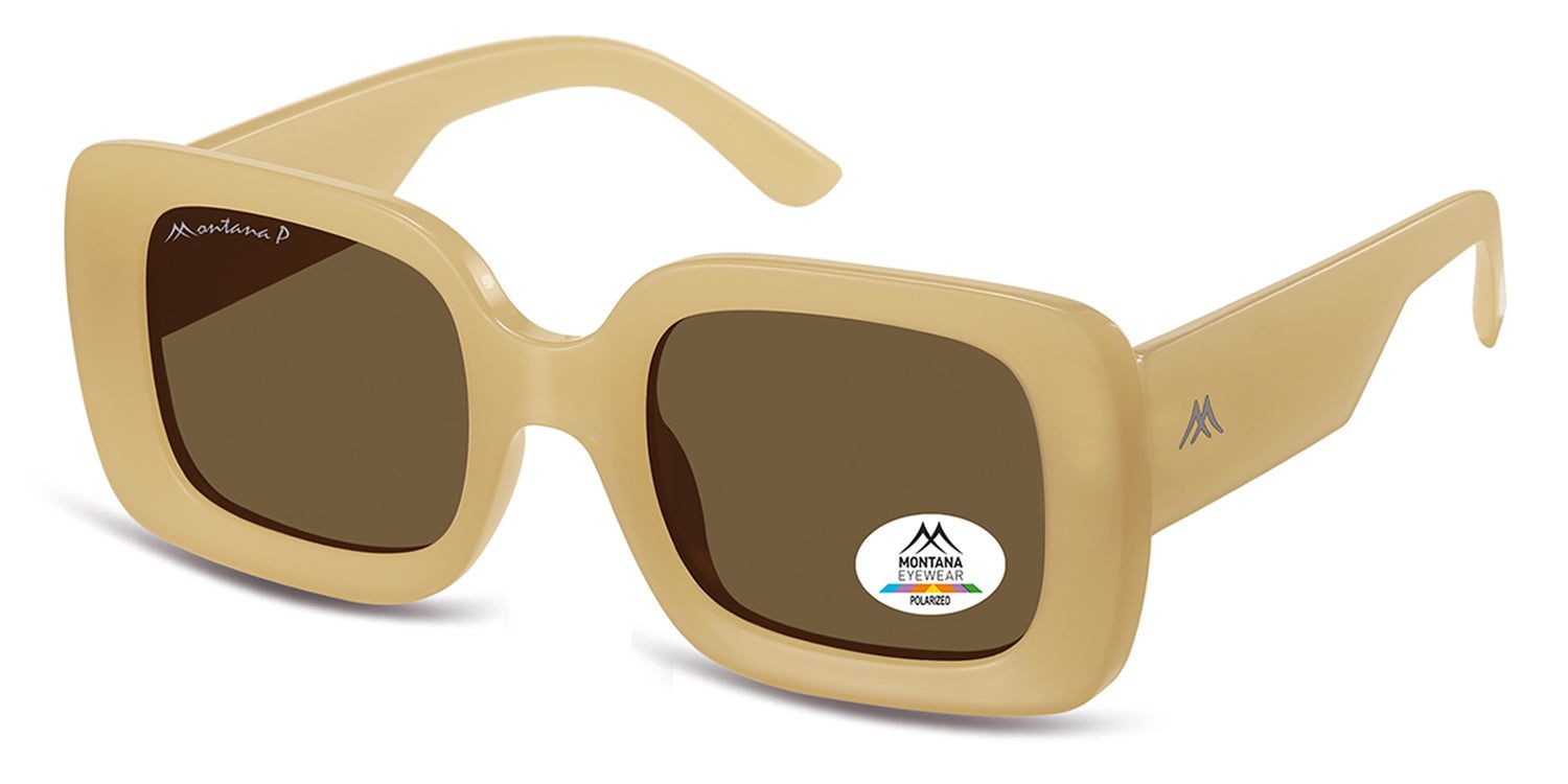 Occhiali da sole beige, forma quadrata, lenti marroni. Logo Montana Eyewear sulla stanghetta e sulla lente. Polarizzati.