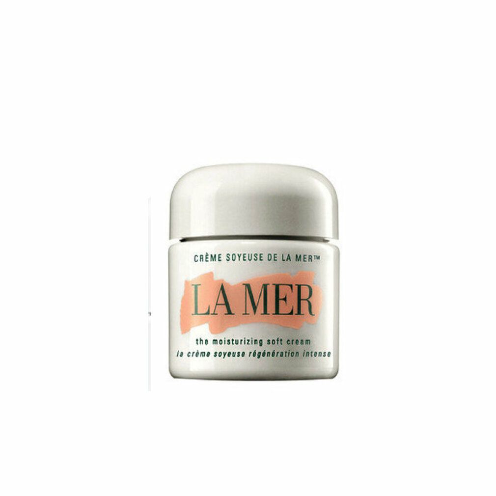 Vasetto bianco con logo "LA MER". Sopra, "CRÈME SOYEUSE DE LA MER". Sotto, "the moisturizing soft cream" e "la crème soyeuse régénération intense".