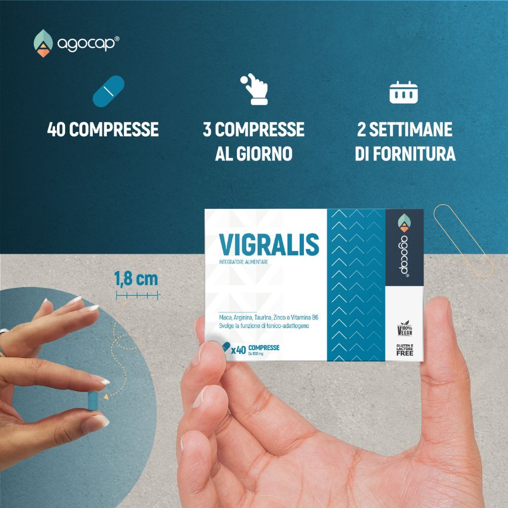 Compressa tra le dita. Testo: 40 compresse, 3 compresse al giorno, 2 settimane di fornitura. Confezione di Vigralis sullo sfondo.