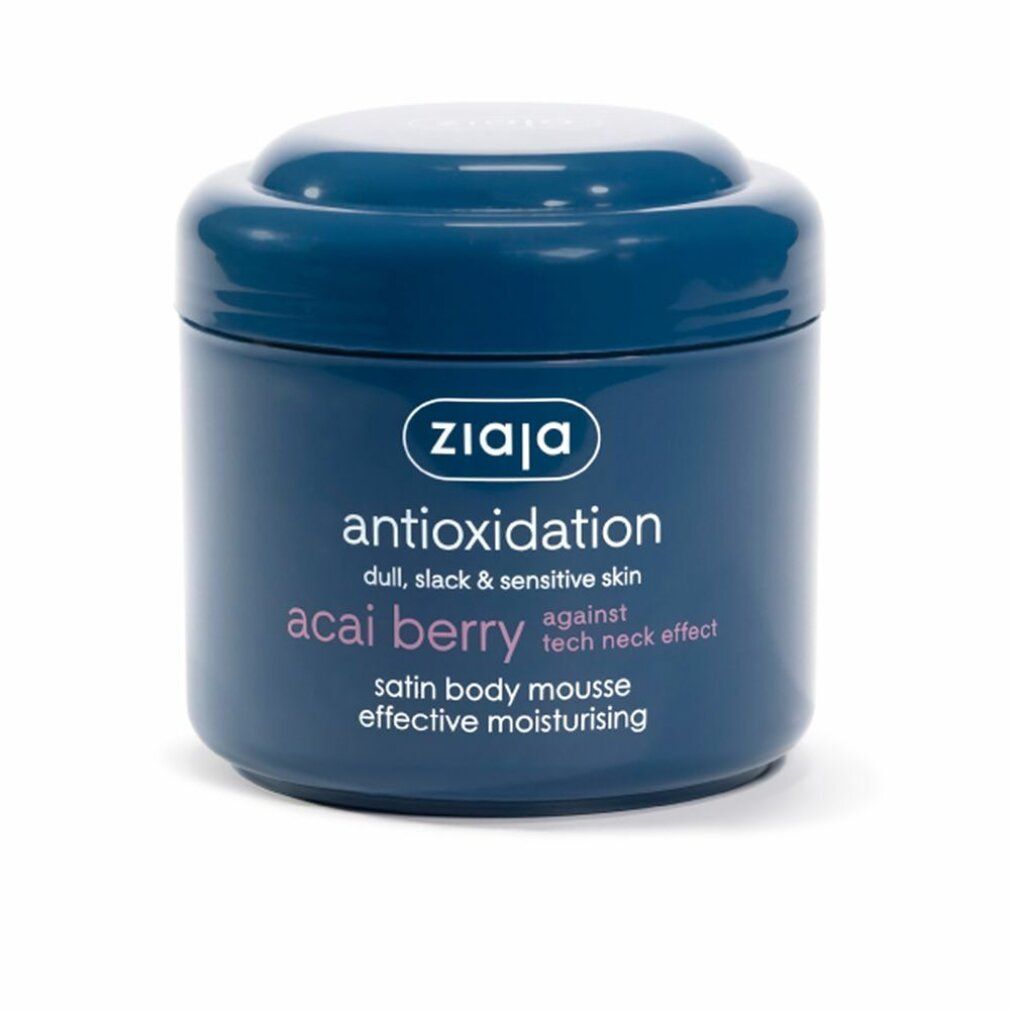 Vasetto blu con coperchio bianco. Scritta: Ziaja, Antioxidantion, Acai Berry, Satin Body Mousse. Contro l'effetto tech neck.