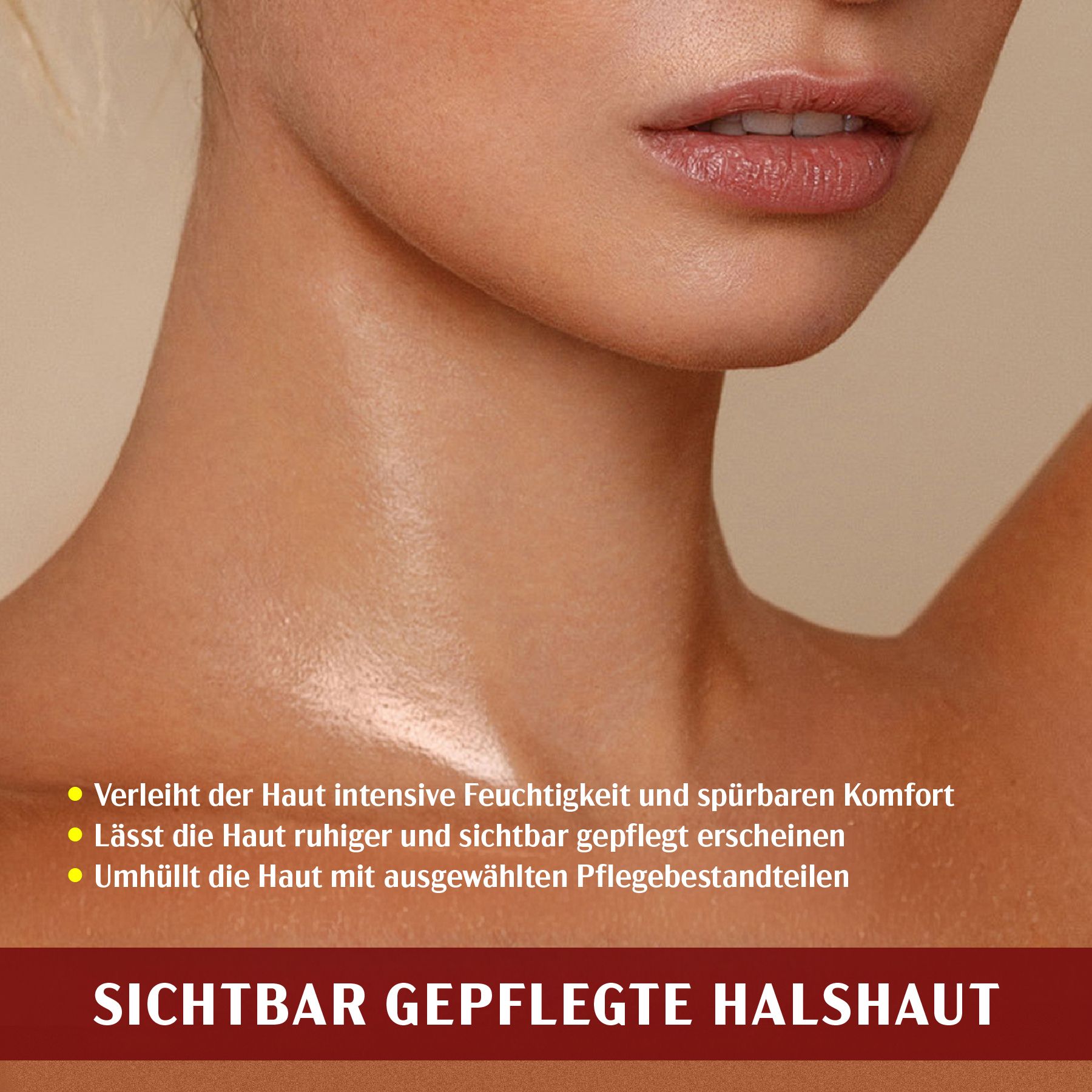 Vista del collo. Testo: Pelle del collo visibilmente curata. Idrata, rende la pelle più calma.