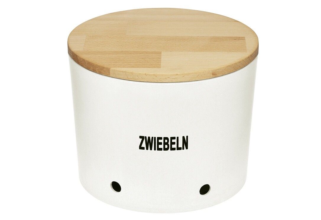 Contenitore per cipolle bianco con coperchio in legno. Scritta "Zwiebeln". Due fori in basso.