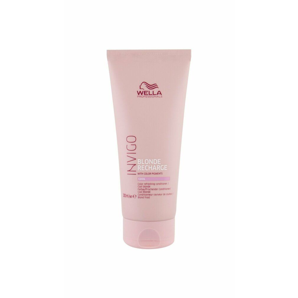 Tubo rosa con informazioni sul prodotto. Scritta: Invigo, Blonde Recharge, Cool. Marchio: Wella. 200ml.