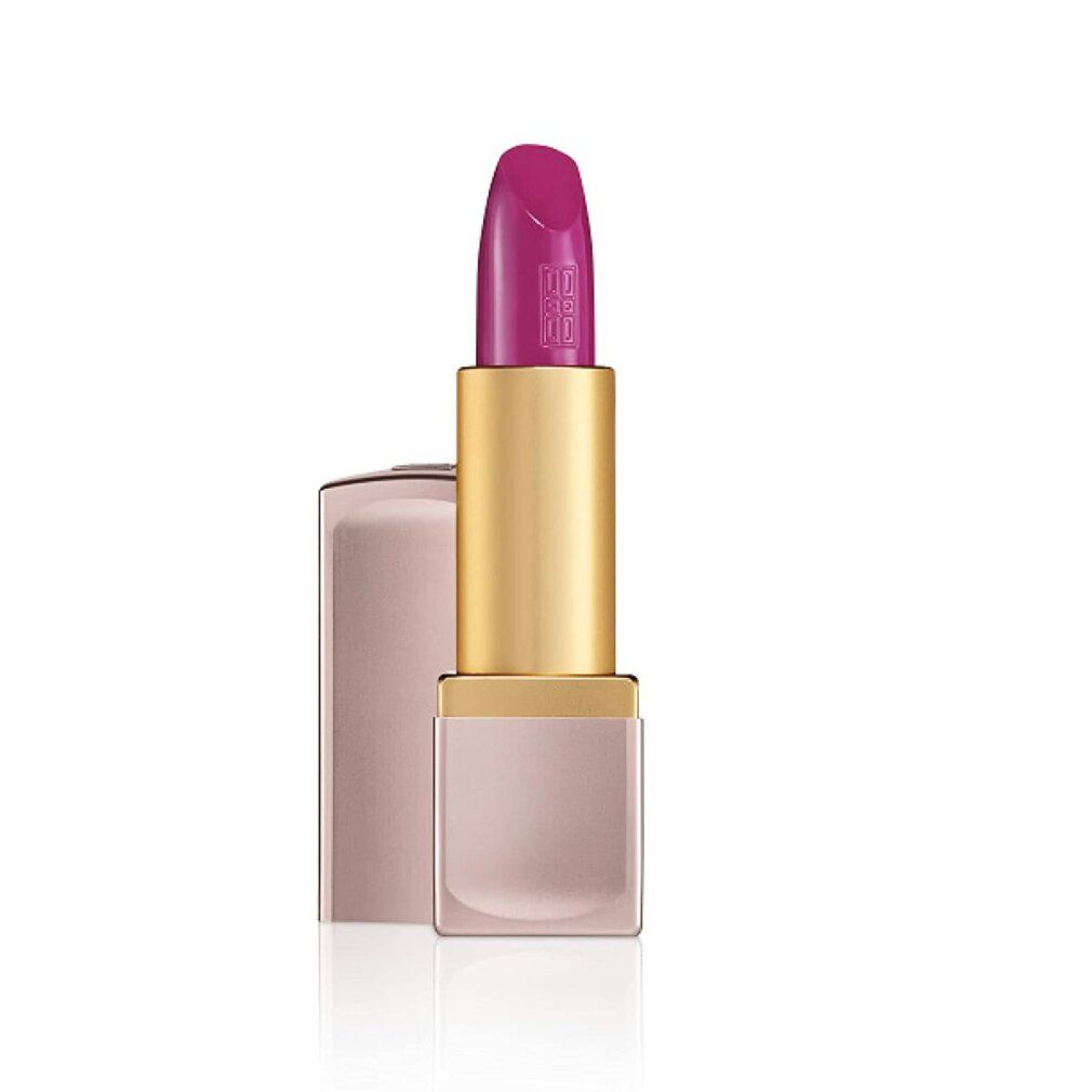 Rossetto aperto. Tonalità Perfectly Plum. Stelo dorato, astuccio rosa. Punta del rossetto con logo.