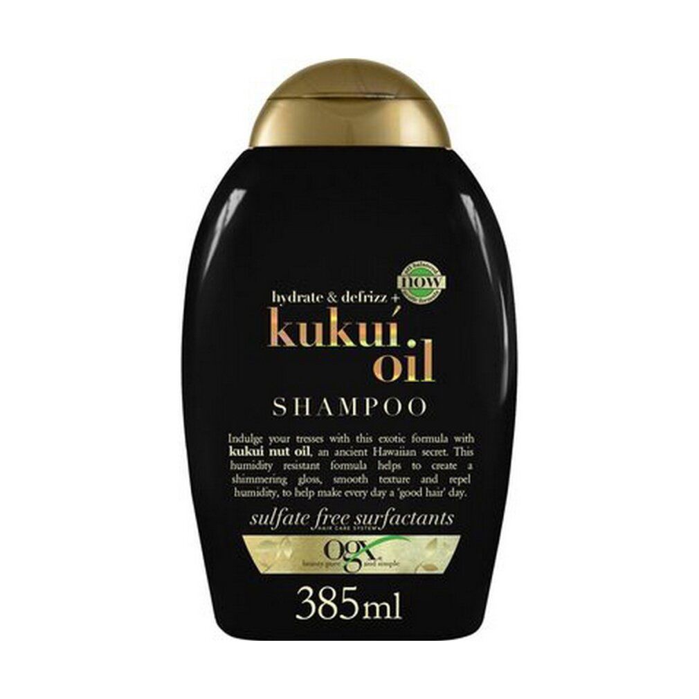 Flacone di shampoo nero con tappo dorato. Scritta: Kukui Oil Shampoo. Volume: 385ml.