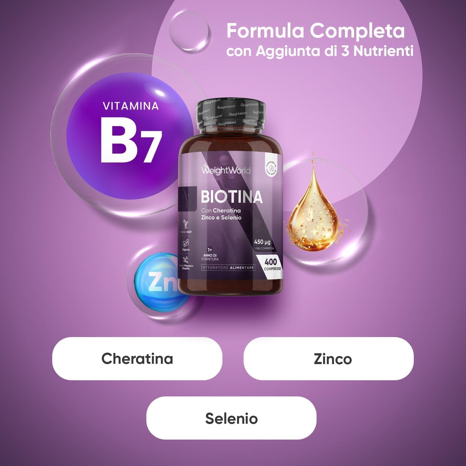 Flacone con etichetta viola. Scritta: Biotina con cheratina, zinco e selenio. Elementi aggiuntivi: Vitamina B7, Cheratina, Zinco, Selenio.