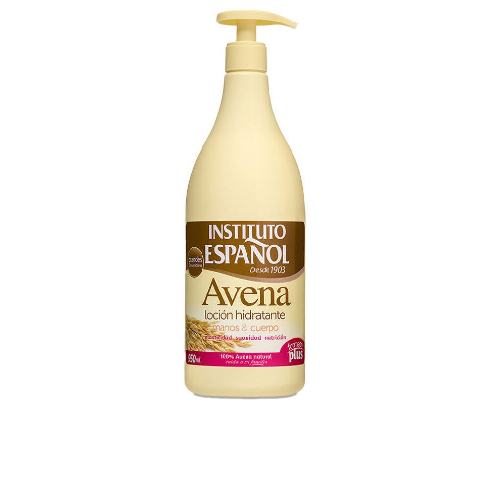 Flacone beige con dosatore. Scritta: Instituto Español Avena, Loción Hidratante. 950ml. Illustrazione di avena.