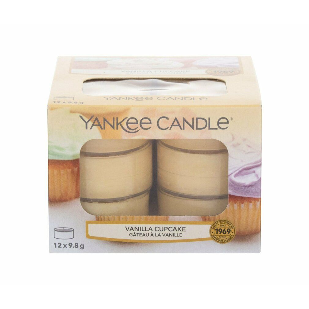 Confezione di lumini. Scritta: Yankee Candle Vanilla Cupcake. 12 pezzi. Finestra trasparente.