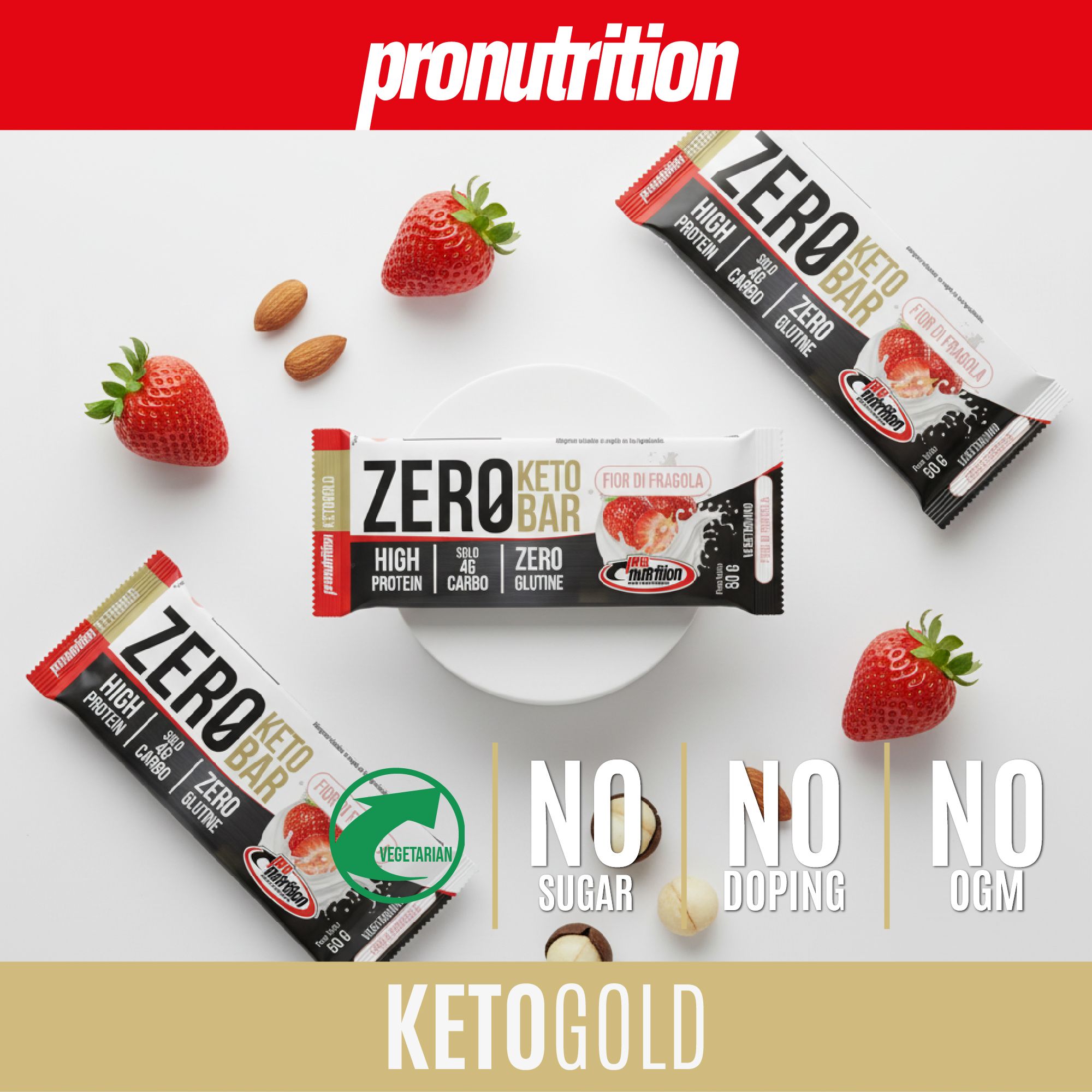 Barrette, fragole e noci. Testo: ZERO Keto Bar, Fior di fragola, Vegetariano, Senza zucchero, No doping, No OGM, Keto Gold.