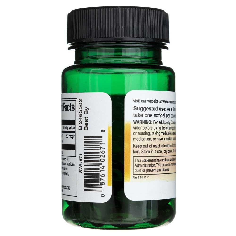 Lato di un flacone di Softgel di Vitamina K-2 SWANSON. Include codice a barre e istruzioni per l'uso.