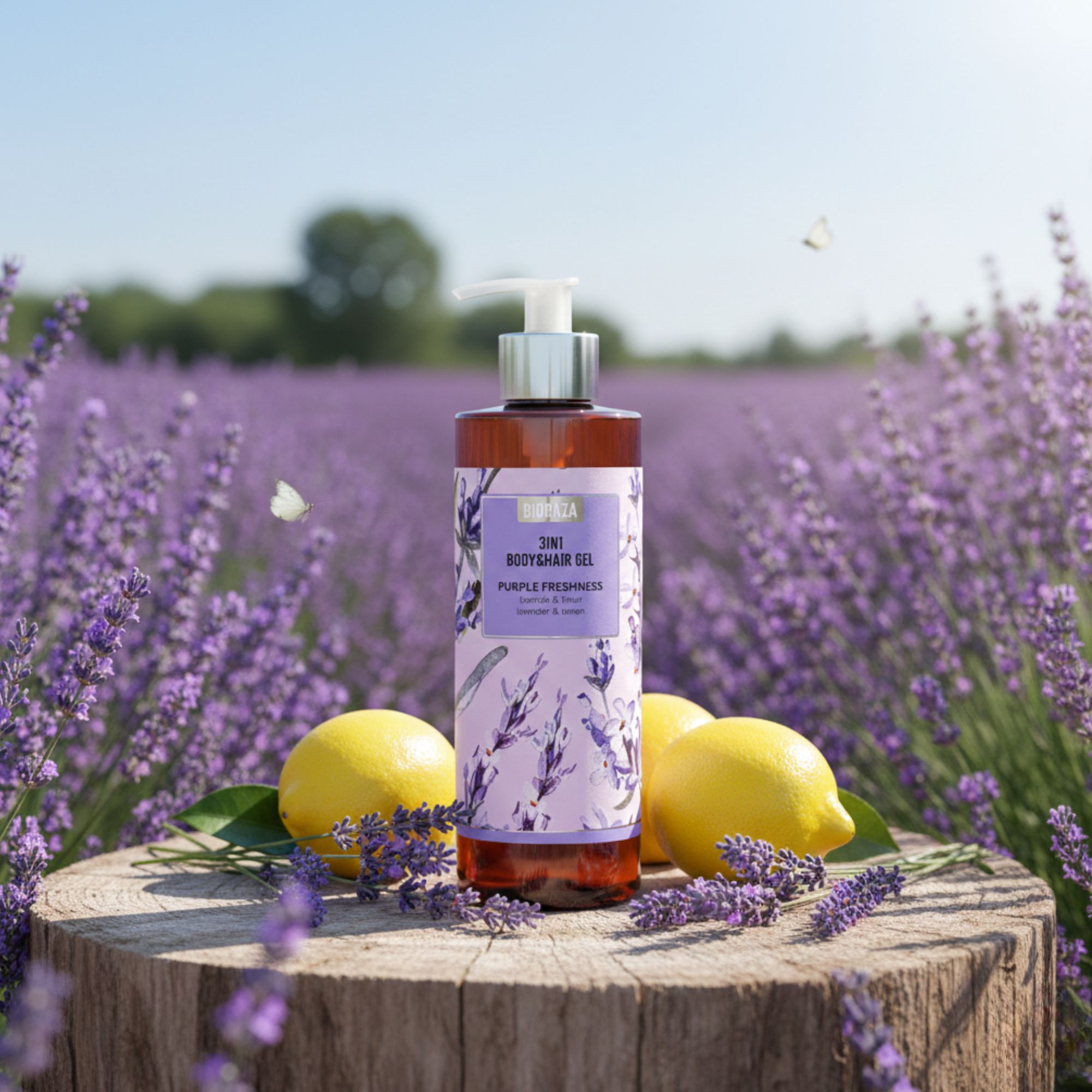Flacone marrone con dosatore, etichetta con nome prodotto e design lavanda. Su un ceppo con limoni e fiori di lavanda.
