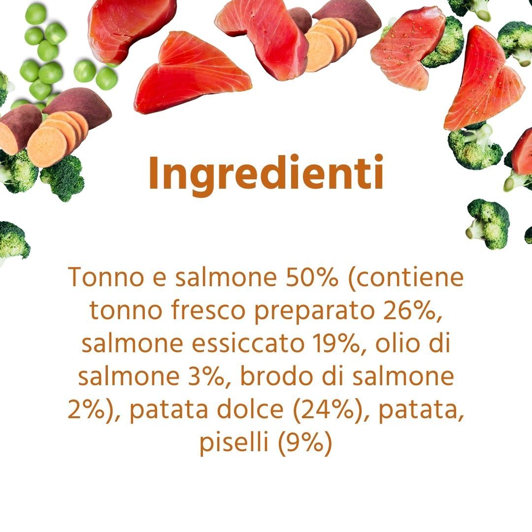 Testo con elenco ingredienti. Contiene tonno, salmone, patate dolci, piselli. Testo: Ingredienti. Percentuali.
