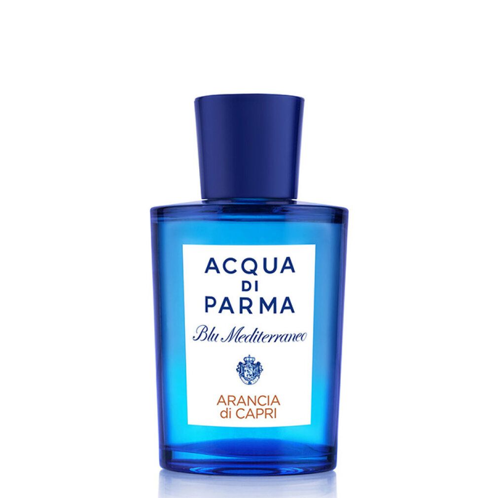 Flacone di profumo blu. Scritta: Acqua di Parma Blu Mediterraneo Arancia di Capri Eau de Toilette.