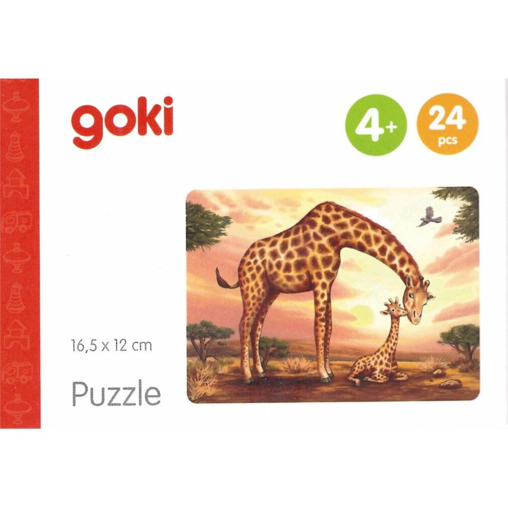 Puzzle Goki con giraffe. 24 pezzi, dai 4 anni in su. Confezione con giraffe nella savana. Dimensioni: 16,5 x 12 cm.