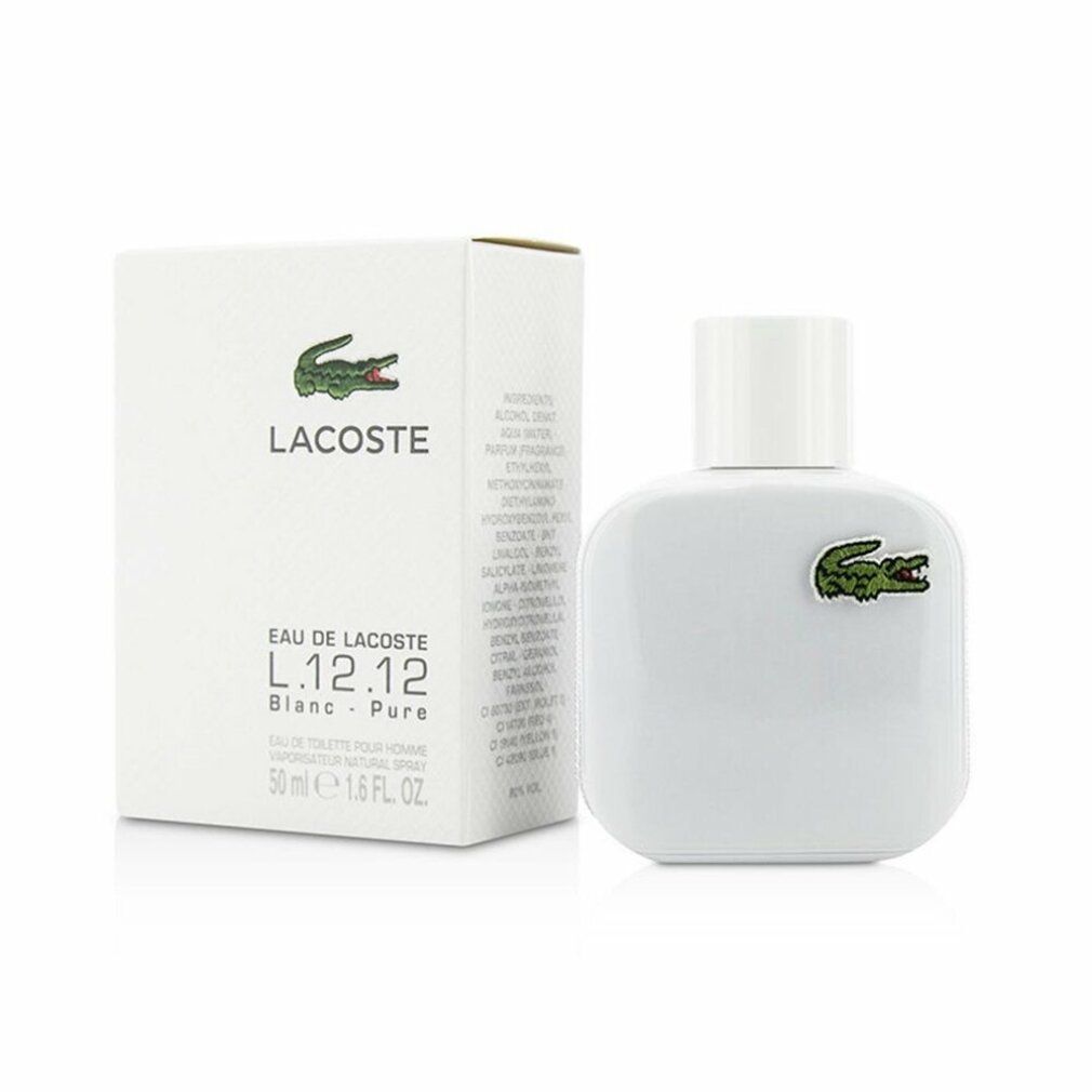 Flacone bianco con tappo bianco e logo coccodrillo Lacoste. Accanto, una scatola bianca con logo e scritta Lacoste.