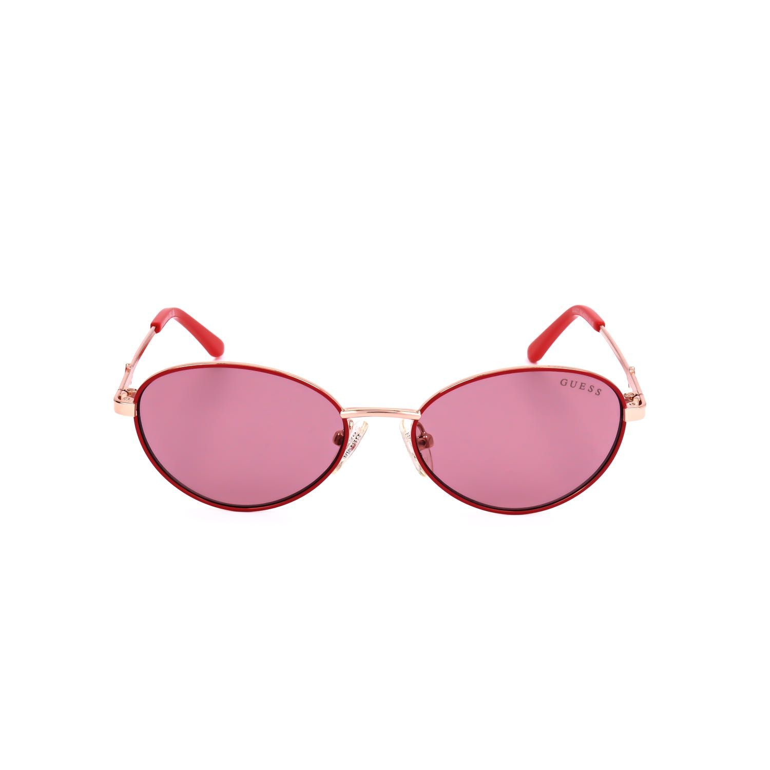 Occhiali da sole ovali con lenti rosa e montatura dorata. Aste rosse.
