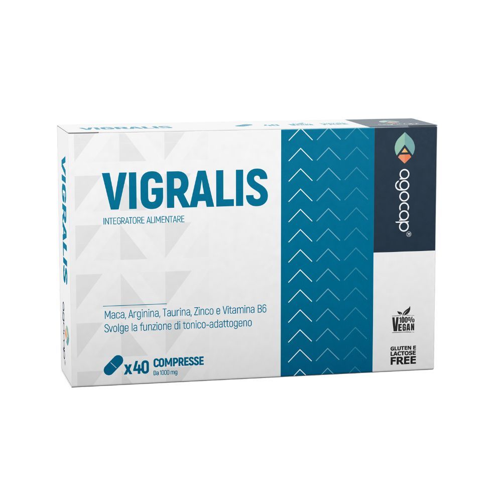 Confezione di Vigralis. Contiene 40 compresse. Contiene Maca, Arginina, Taurina, Zinco e Vitamina B6. Vegano e senza glutine.