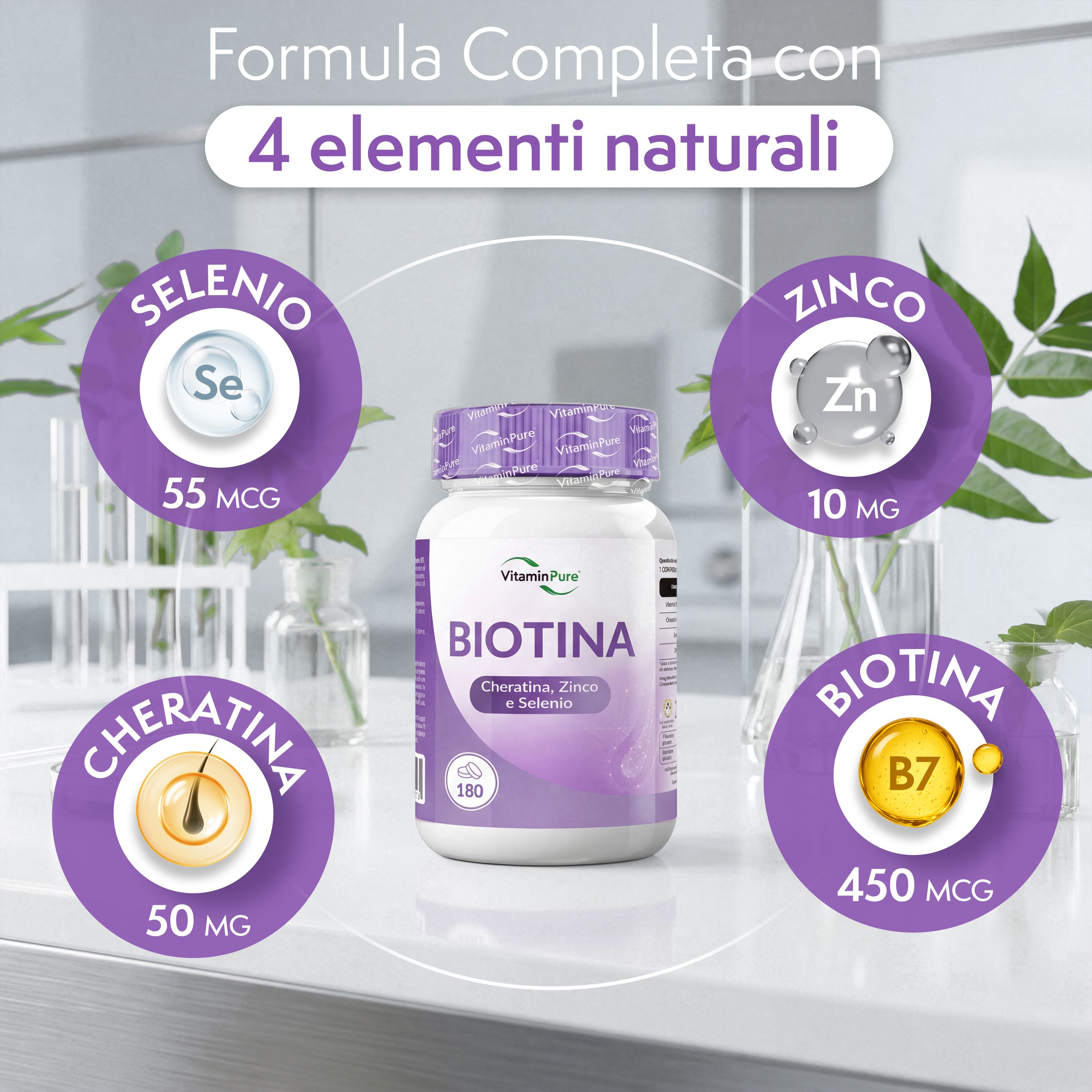 Grafico con ingredienti: Selenio, Zinco, Cheratina e Biotina. Flacone VitaminPure® con 180 compresse sullo sfondo.