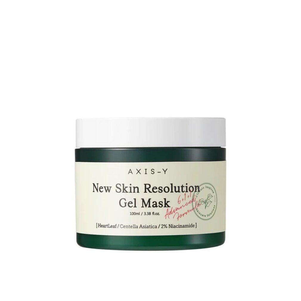 Un barattolo verde con coperchio bianco, etichettato 'Axis-Y New Skin Resolution Gel Mask'.