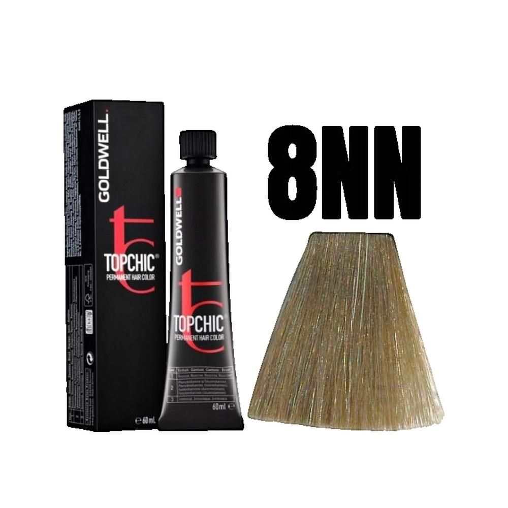 Goldwell Topchic, 8NN. Tubo e scatola. Campione colore. Testo: Topchic, Permanent Hair Color.