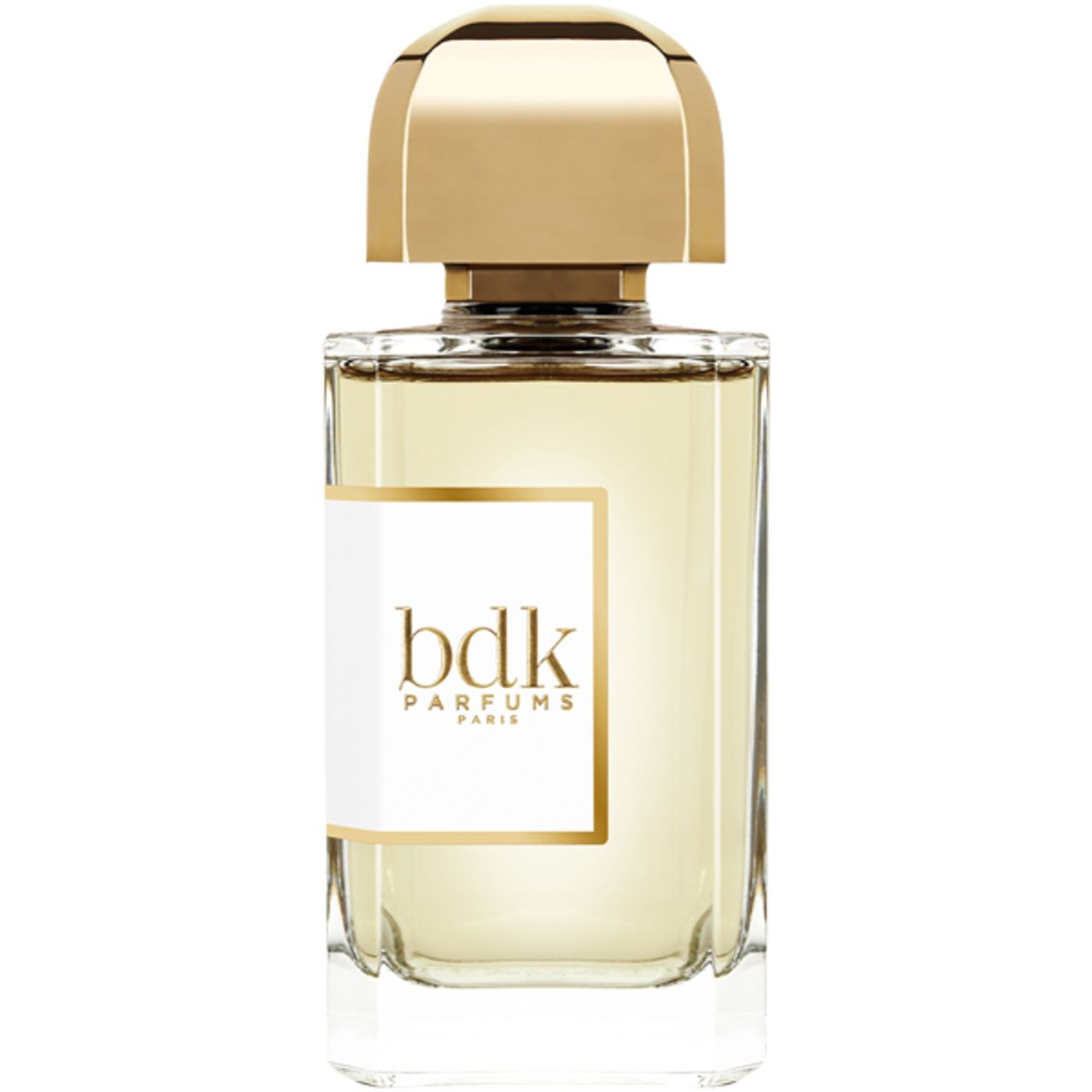 Flacone BDK Parfums. Bottiglia rettangolare in vetro con tappo dorato. Etichetta bianca con logo e testo.