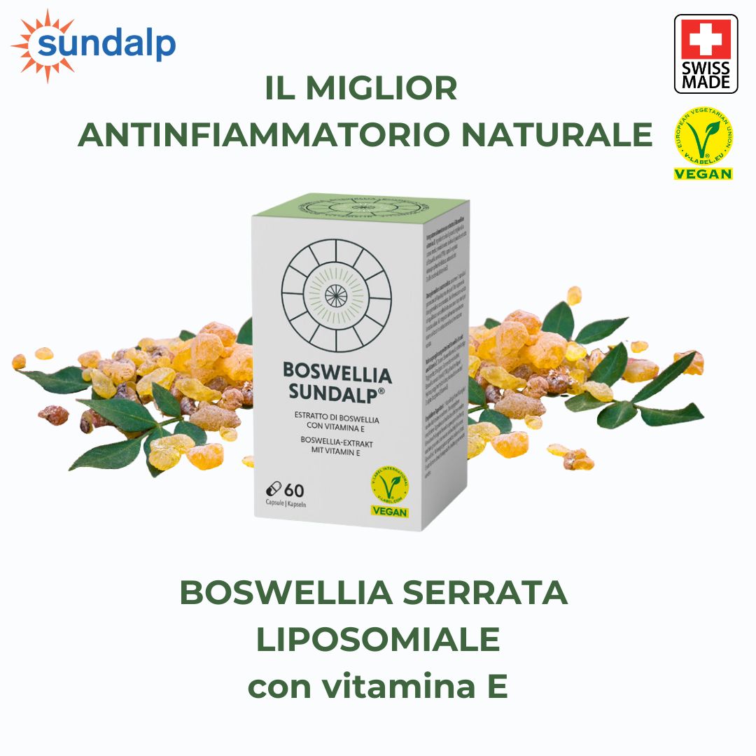 Confezione Boswellia Sundalp con vitamina E. Sigillo vegano, Swiss Made. Prodotto circondato da erbe.