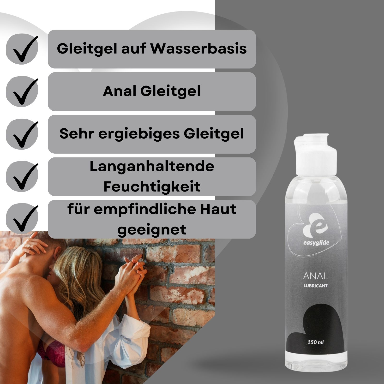 Gel Easyglide Anal. Flacone con tappo bianco ed etichetta nera. 150 ml. Testo: Anal Lubricant.
