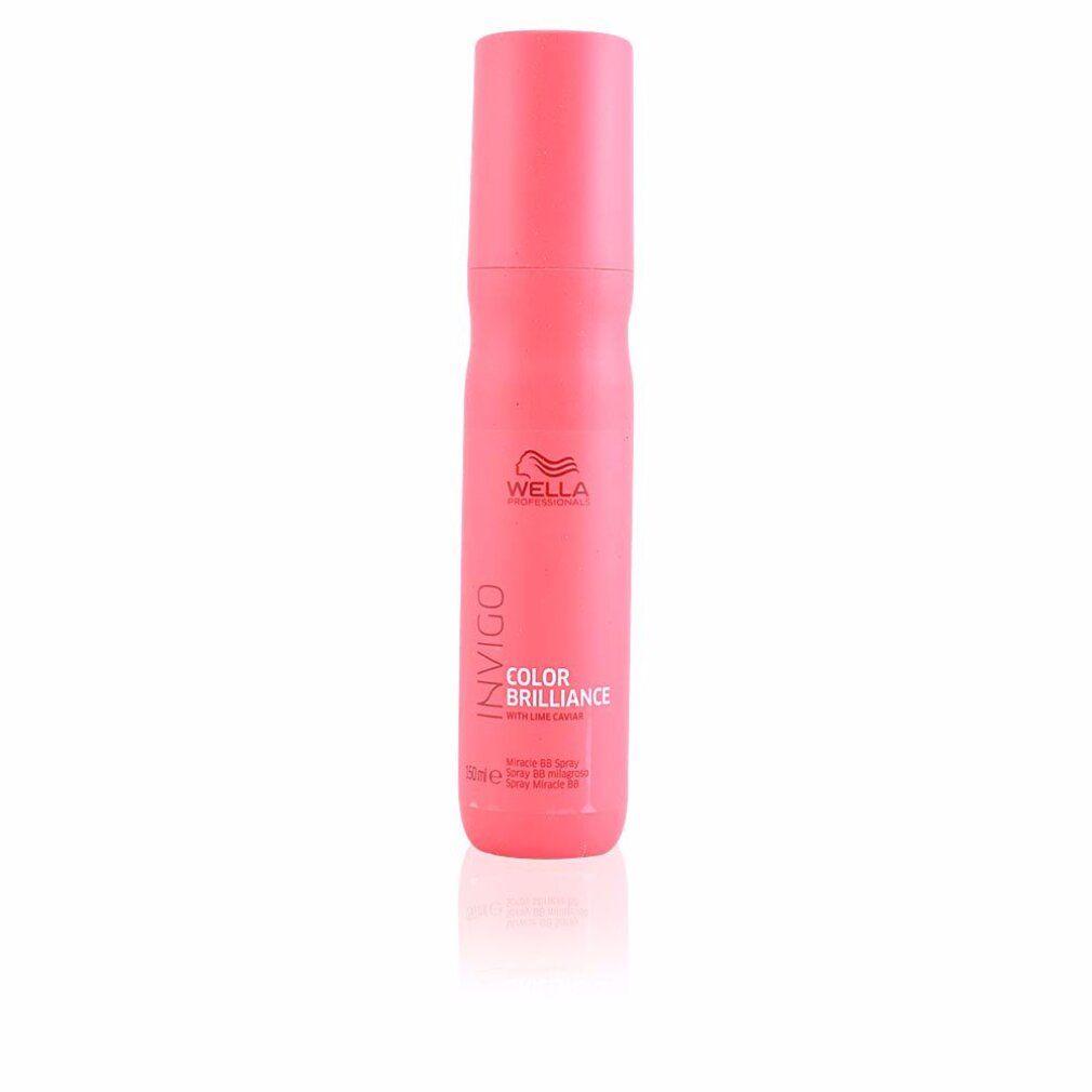 Flacone spray rosa. Scritta: Wella Invigo Color Brilliance. Logo. Flacone in posizione verticale.
