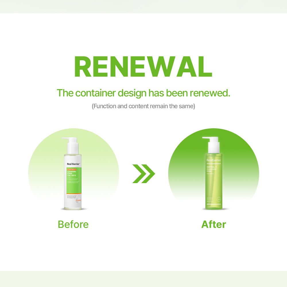 Confronto prima-dopo. A sinistra: flacone con etichetta bianca. A destra: flacone verde con erogatore bianco. Testo: RENEWAL.