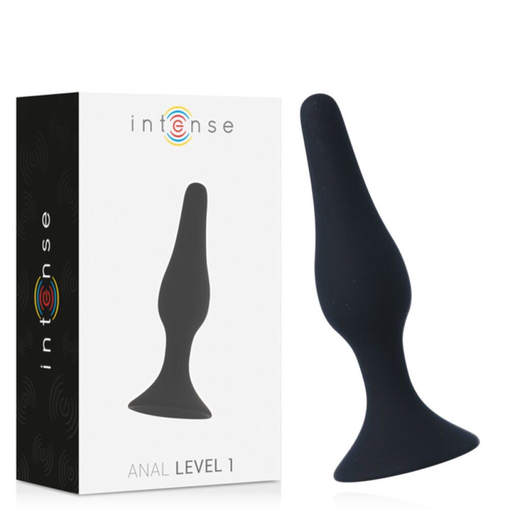 Plug anale nero accanto a confezione bianca. Confezione con logo e scritta "Intense" e "ANAL LEVEL 1".