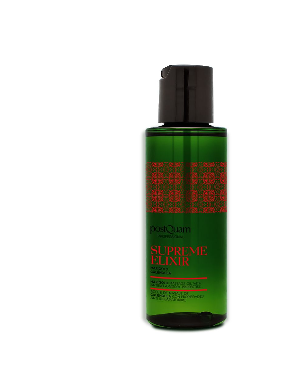 Flacone verde con tappo nero e testo rosso. Nome del prodotto: Supreme Elixir.